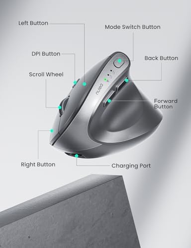 Nulea MD280 Ergonomic Vertical Wireless Mouse - Bluetooth & 2.4G Dual Mode, 4 Adjustable DPI 800/1200/1600/2400, Rechargeable, Silent Clicks, No Lag, 6 Buttons - Perfect for Laptop, Desktop Grey