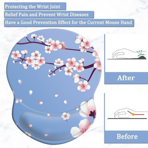 Mouse Pad with Ergonomic Gel-Filled Wrist Rest and Non-Slip PU Base, Comfortable & Accurate Computer Mouse Pad with Support for Home Office Working Studying (Cherry Blossom)