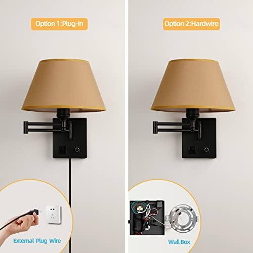 Swing Arm Wall Sconces, Plug-in Wall lamp,Bedroom Wall lamp ， White Fabric Shade with dimmable Switch and USB Charging Port,Suitable for Bedside,Living Room,Reading (Black. Gold Shadow)