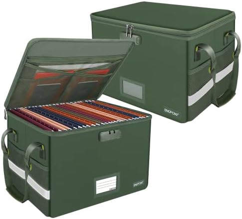 ENGPOW File Box with Lock, Fireproof Document Box with Pockets, Collapsible File Organizer Filing Storage Cabinet with Handle, Portable Home Office Safe for Hanging Letter/Legal Folders,Green,2 Pack