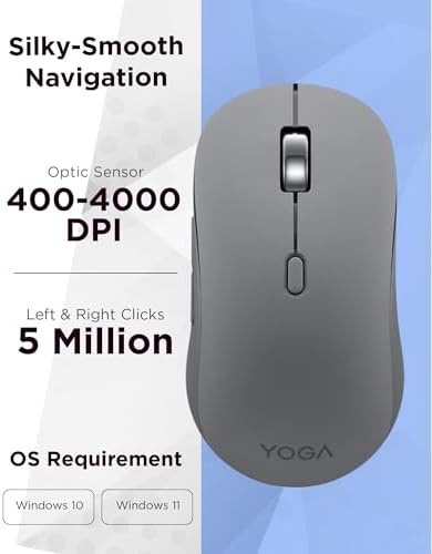 Lenovo Yoga Bluetooth Silent Mouse, 3 Level DPI Adjustment, 36 Month Battery Life, Bluetooth 5.3, 3 Device Paring, Whisper Quiet, Programmable Buttons, Smooth Finish, Luna Grey