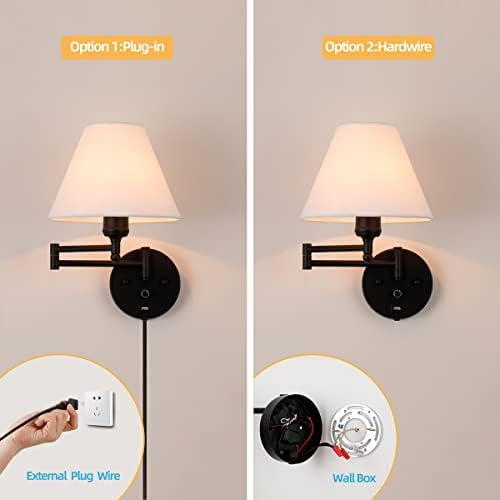 Swing Arm Wall Sconces, Plug-in Wall lamp,Bedroom Wall lamp ， White Fabric Shade，，with dimmable Switch and USB Charging Port, Suitable for Bedside, Living Room, Reading (Black)
