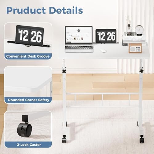 Simple Deluxe 31.5" Adjustable Height Mobile Desk with Locking Wheels & Pin-Lock – Height-Adjustable Standing Desk– Heavy-Duty Portable Workstation for Small Spaces & Home Office – White