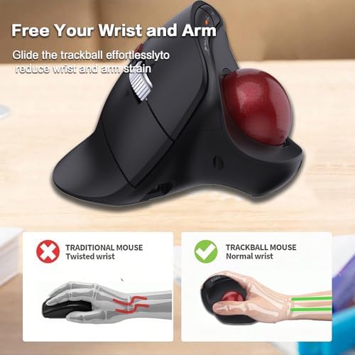 JOMAA Wireless Vertical Trackball Mouse - Ergonomic Design, 3-Device Switching, 2.4G/Bluetooth 5.0, Rechargeable Type-C, Adjustable DPI, Compatible with Windows/macOS/iOS/Android (RED)