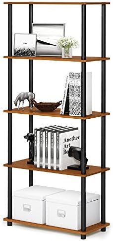 Furinno TURN-N-TUBE Storage Shelves, 5-Tier Book Shelf, Corner Shelf, Toolless Open Shelves, for Organization and Storage, Living Room, Garage, Home Office, Light Cherry