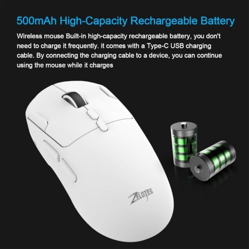 zelotes Gaming Wireless Mouse, Bluetooth Rechargeable with 9 Programmable Buttons,Ultra-Light 60g, 24,000 DPI, BT/USB 2.4G / Type-C, Ergonomic Optical Mouse for Laptop, PC,Office and Gamers (White)