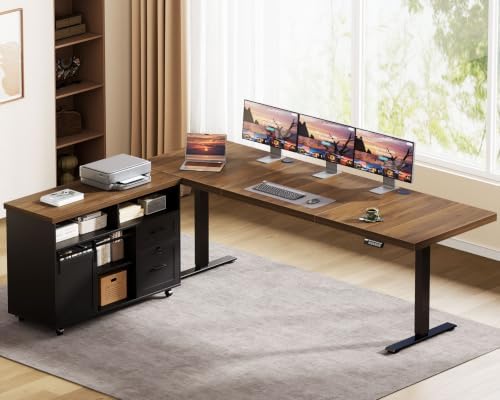 OffiGo 79 Inch Executive L-Shaped Electric Standing Desk, Walnut & Black