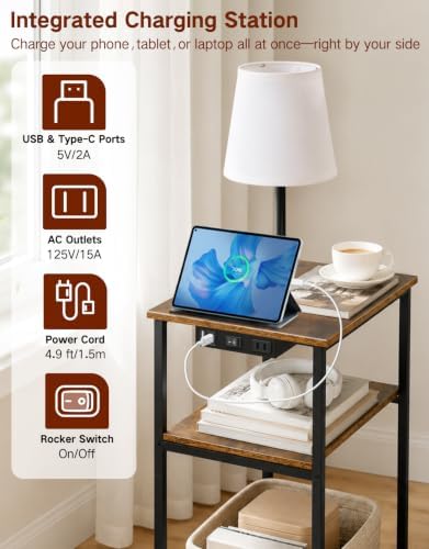 Side Table with Light & Charging Station, 3-Tier Narrow End Table