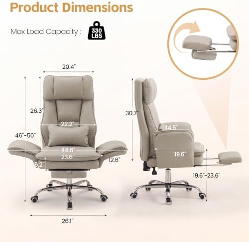 HUBSON Big and Tall Office Chair, Flip Armrest & Footrest for Pets, Khaki