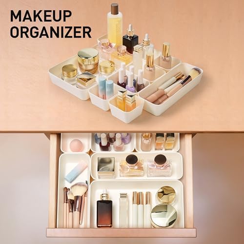 ISSEVE 8Pcs Silicone Bathroom Drawer Organizer Trays Set, 4 Sizes, Beige