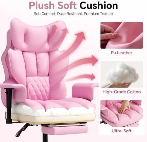 Mr IRONSTONE Big and Tall Gaming Chair 400lbs, Heavy Duty Office Chair with Footrest, High Back Computer Chair with Thick Padded Seat and Lumbar Support, Wide Seat Reclining PU Leather Chair, Pink