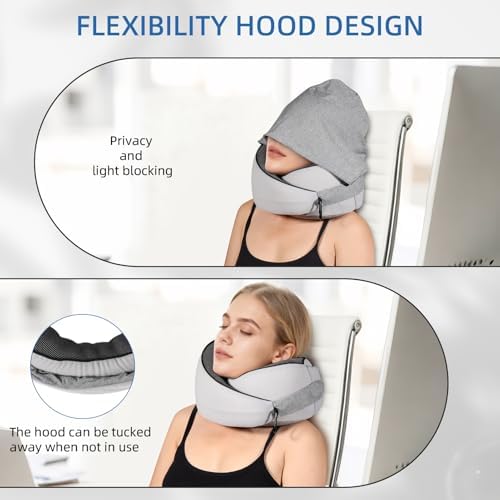 Travel Pillow for Airplane, Hooded Memory Foam Neck Pillow for Sleeping