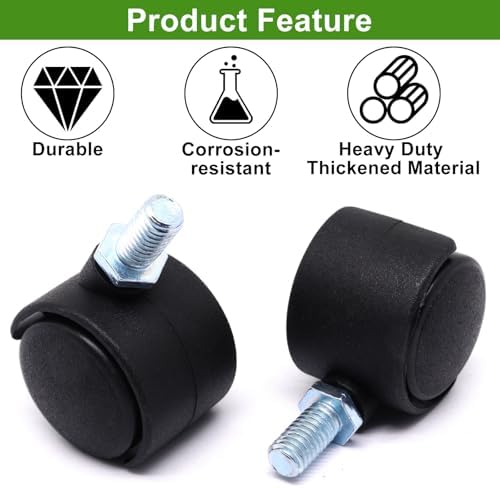 Plastic Caster Wheels 1 Inch, M8 Threaded Swivel Casters Set of 4, Black Nylon Replacement Casters Wheels for Furniture Table Cabinet Office Chair
