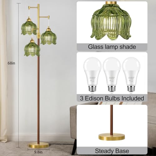 ZECOXOL Wood Floor Lamps for Living Room Bedroom-Rustic Glass Floor Lamp with Three Led Bulb, Modern Mid Century Standing Lamp Brass Vintage Tall Lamp Gold Tree Floor Lamp for Bedroom Corner