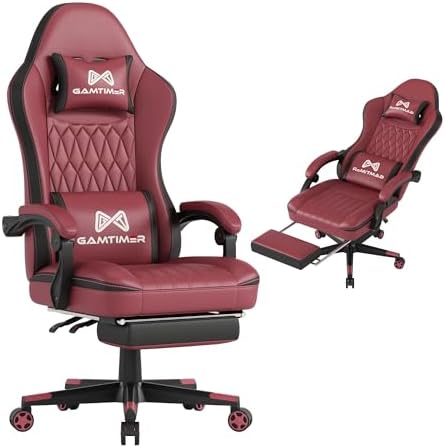 Gaming Chair with Footrest, Ergonomic Computer Chair, PU Breathable Material with Headrest and Lumbar Support, Suitable for Silla Gamer and Adults (RED)