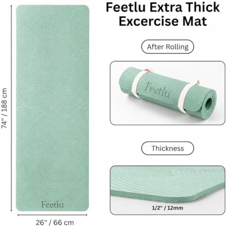 Extra Thick 12mm Exercise Mat, 74" x 26", Non-Slip with a Yoga Strap