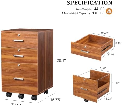 VINGLI 3-Drawer File Cabinet with Lock, Wood Rolling Filing Cabinets for Home Office, Mobile Printer Stand, Under Desk File Organizer for Letter Sized Files, 26" H(Caster Included), Walnut