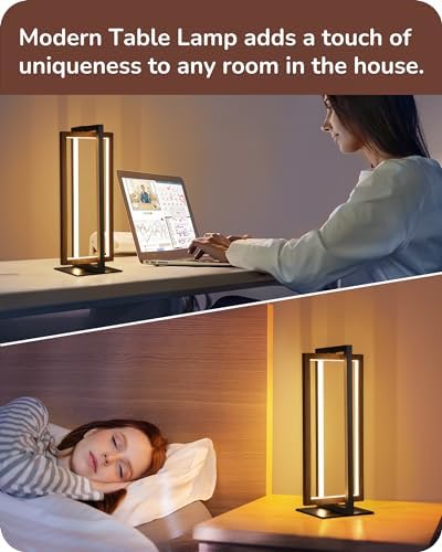 EDISHINE Modern LED Table Lamp, Minimalist Bedside Lamp, Walnut Wood Grain