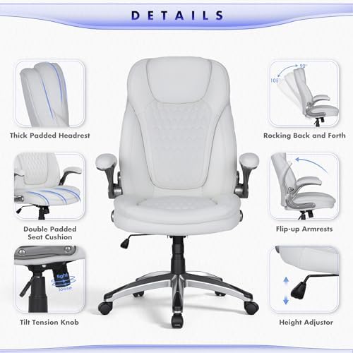 COLAMY Executive Office Chair-Ergonomic Computer Desk Chair, High Back Leather Chair with Padded Flip-up Arms, Swivel Home Office Chair Upgraded Caster, White