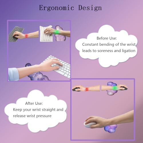 Cloud Wrist Rest Keyboard Purple Cloud Mouse Pad Set 4PCS Galaxy Large Desk Mat Ergonomic Space Wrist Pad Support Memory Foam Non-Slip Wrist Rest for Keyboard and Mouse Computer Gaming Home Office