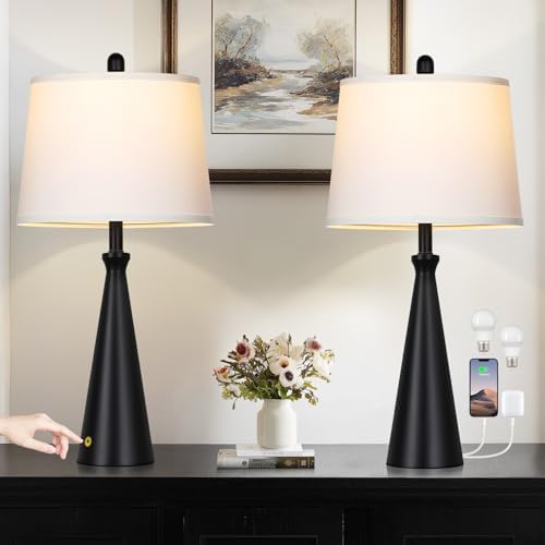 Rinweey 28" Black Table Lamps Set of 2, Touch Control Tall Living Room Lamp with USB A+C Ports,3-Way Dimmable Bedside Lamps for Nightstand,Modern Metal Bedroom Lamp,2 Bulbs Included