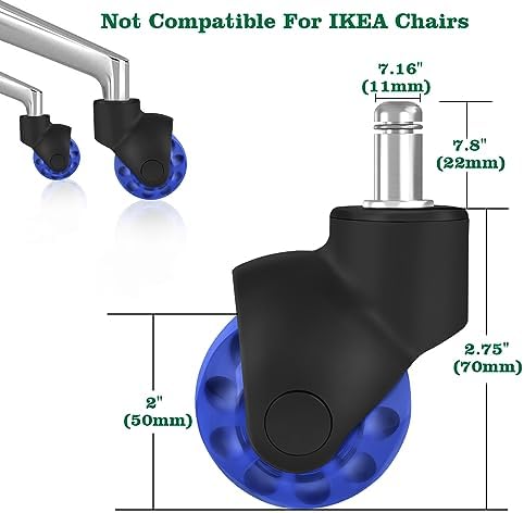 Office Chair Wheels Replacement 2 Inch Rubber Ball Caster Wheels for Wood Floor Carpet Mats, Set of 5, Heavy Duty Desk & Gaming Chair Casters 7/16" (11mm) Grip Ring Stem, Quiet Smooth Rolling (Blue)