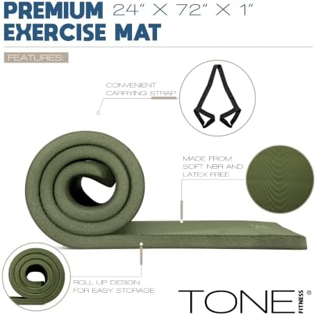 Tone Fitness 1" Extra Thick Yoga Mat, Exercise & Pilates Mat with Strap