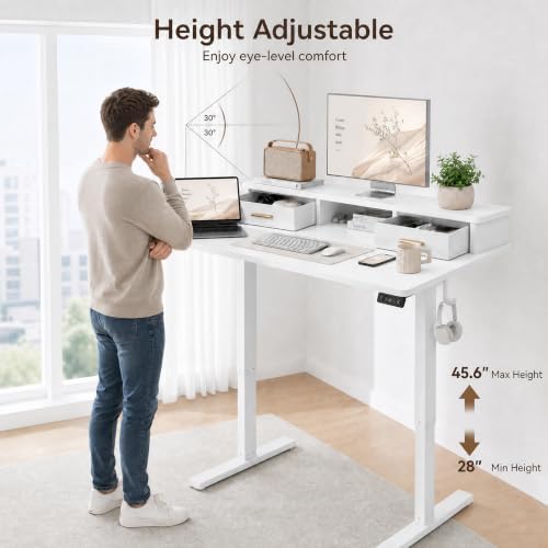 Grandder Electric Standing Desk with Two Drawers, Sit to Stand Up Height Adjustable Desk with Storage Shelf for Home Office, 47 * 24 Inch, Study, Ergonomic Adjustable Computer Desk, White