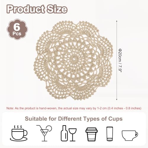 uxcell 6 Pcs Crochet Handmade Placemat Doilies for Table 7.9" Light Brown