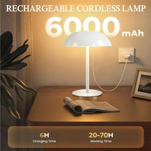 Portable LED Mushroom Table Lamp, 24H Cordless Metal Night Light with Rechargeable Battery, Stepless Dimmable 3 Colors Desk Lamp for Bedroom Bar Coffee Shop(White)