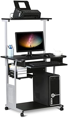 Yaheetech Small Rolling Computer Desk with Hutch and Storage Shelves, Black