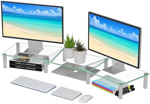 Simple Trending Glass Dual Monitor Stand, Adjustable Length/Height, Clear
