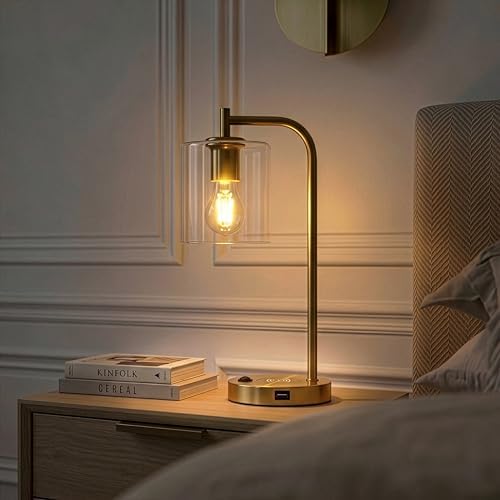 Brightech Elizabeth Table Lamp with Wireless Charging Pad and USB Port, Bedside Reading Lamp, Vintage Brass Gold Desk Lamp, Nightstand Lamp with LED Bulb for Bedroom, Living Room, Office