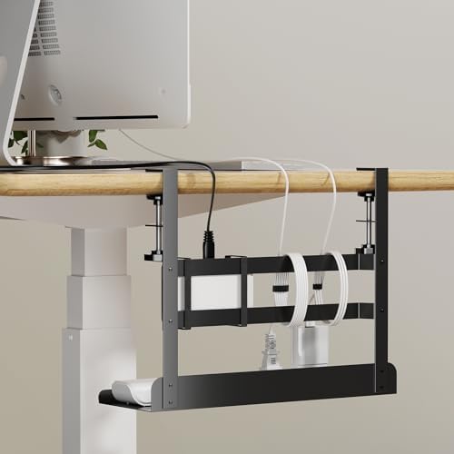 Yecaye Metal Under Desk Cable Management Tray, Clamp-On Desk Shelf