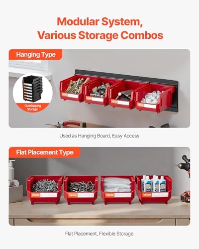 VEVOR Wall Mounted Storage Bins, 12 Plastic Bins & 3 Metal Rails, Plastic Hanging Stackable Storage Bin for Screws, Nuts, Bolts, Nails, Hardware Tool Organizer for Workshop, Craft Room, Garage, Red