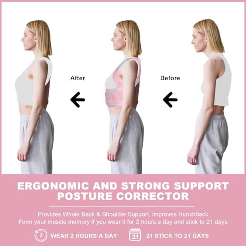 Posture Corrector for Women and Men,4 In 1 Adjustable Full Back Brace,Posture Braces Can Relieve Upper and Lower Back Pain, Shoulder Braces for Hunchback,Scoliosis, Lumbar Spine, Spine（Large Pink）