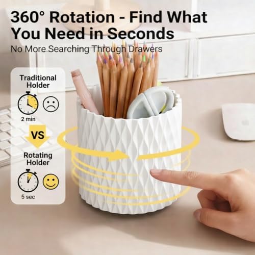 White Pen Holder for Desk, 360° Rotating Pencil Organizer, 5 Slots