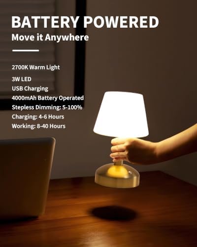 KDG Gold Cordless Small Table Lamp, Portable LED Dimmable Desk Lamp