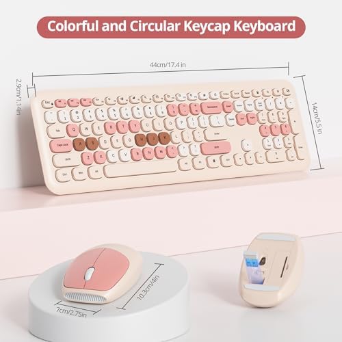 Surmen Cute Colorful Beige Keyboard and Mouse Wireless Silent, Full-Size Retro Typewriter Wireless Quiet Slim Keyboard Low-Noise 2.4GHz for Computer, Desktop, Laptop(Beige)