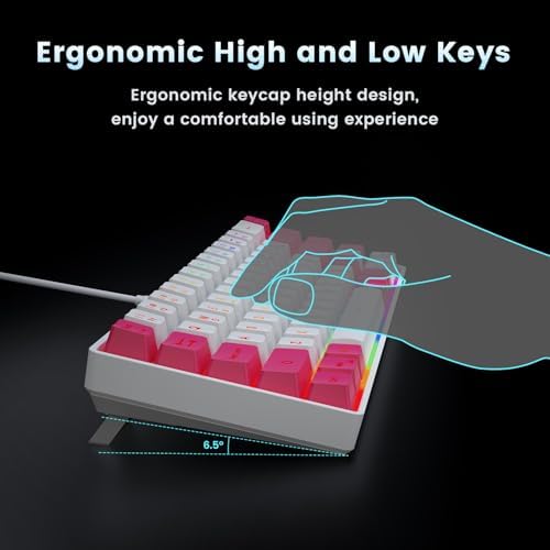 GEODMAER 65% Gaming Keyboard, LED Backlit Mini Wired Keyboard, Ultra-Compact Anti-Ghosting No-Conflict 68 Keys Membrane Gaming Wired Keyboard for PC Laptop Windows Gamer(White-Pink)