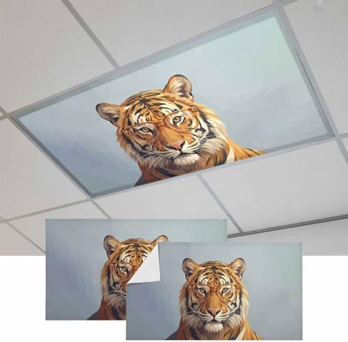 Blue Tiger Fluorescent Light Covers for Ceiling Lights 4x2 feet, 2 Pack Magnetic Light Filters for Classroom, Funny Animals Modern Art Fluorescent Lamp Shade Panel for Office School Drop Home