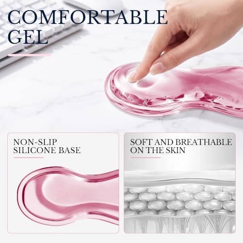 Keyboard Wrist Rest & Ergonomic Mouse Pad with Wrist Rest Set, Cute Transparent Gel Wrist Rest for Keyboard and Mouse, Soft Support for Pain Relief, Office, Gaming Desk Accessories（Pink）