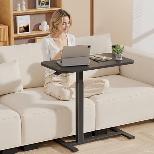 GTPLAYER Small Standing Desk with Hidden Wheels, Pneumatic Mobile Rolling Laptop Desk, Adjustable Height Overbed Bedside Table Computer Workstation for Home Office (32" W x 16" D, Black)