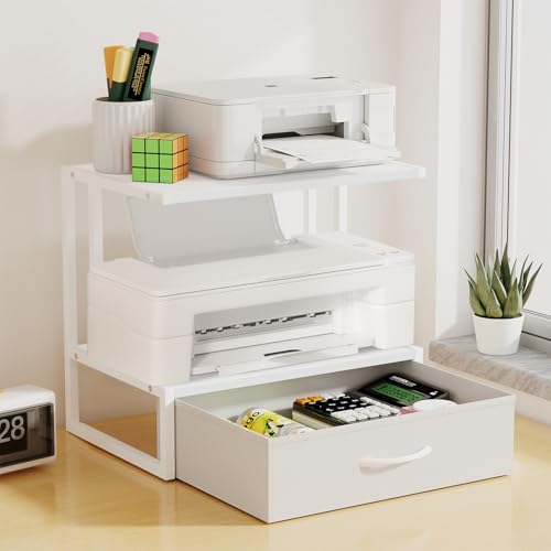 Printer Stand with Storage for Desk, with Fabric Drawer Desktop Printer Stand Shelf Organzier for Home Office, for Above and Under Desk Printer Table, Fax Machine Copier Scanner, White
