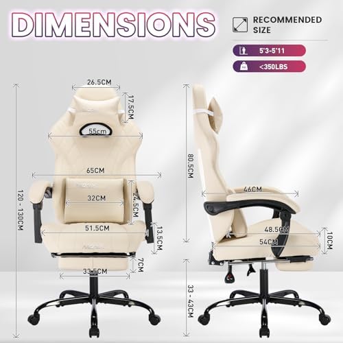 Gaming Chair with Footrest and Massage Lumbar Support, Ergonomic Computer Gamer Chair, Office Video Game Chairs with Adjustable Height and Backrest (Beige)
