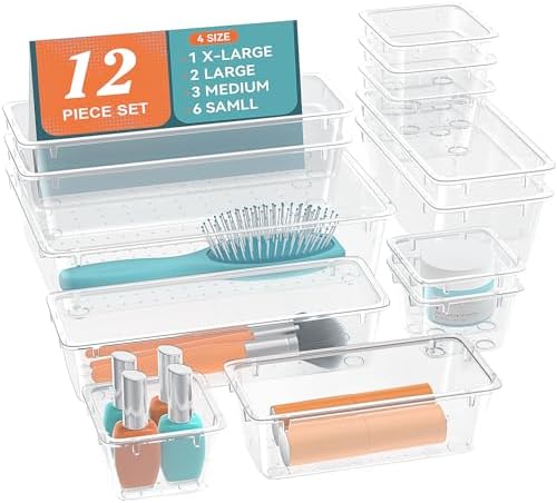 12 PCS Drawer Organizer Set, Makeup Organizers, Tool Storage Trays, Clear