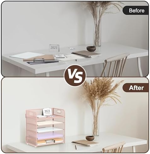 2 Pack 5-Tier Pink Desk Organizer with Handle Mesh Desk File/Paper Organizer Letter Tray for Office, School, Classroom and Home Easy Installation