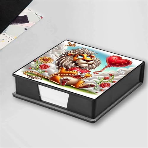 Lion Diamond Painting Note Box Memo Pad Holder,Animal Diamond Art Sticky Notes Organizer for Desk, Aesthetic Stationery Storage Case for Office,School Supplies (Lion)