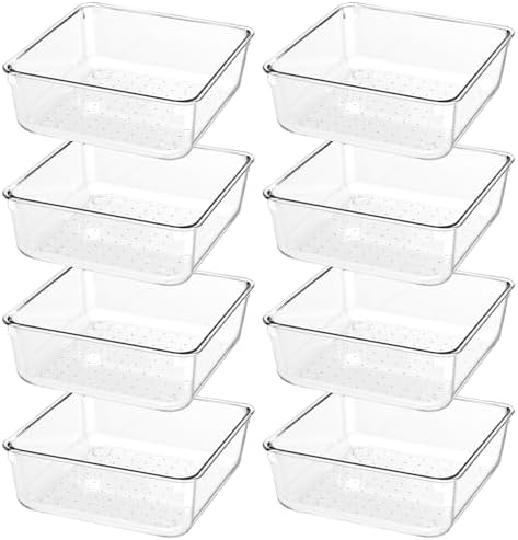 8 PCS Clear Plastic Drawer Organizer Tray, Acrylic Vanity Bathroom Drawer Organizers Trays, Small Desk Drawer Organizer Bins for Cosmetic, Makeup, Kitchen, Office, Drawer Divider Organization