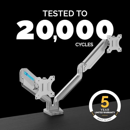 Fellowes Platinum Series Dual Monitor Arm for 40-Inch Monitors, Full Motion, 360° Rotation, VESA Mount with Grommet or Clamp, USB Ports, Ergonomic, Silver, 8056501